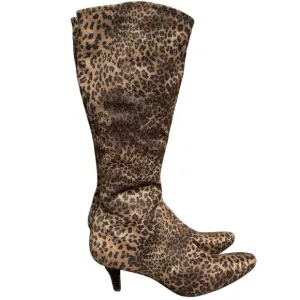 IMPO Stretch Leopard Cheetah Print Heeled Tall Norris Boots Size 9.5 Brown Black