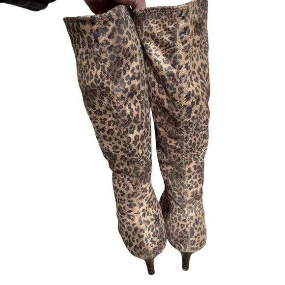 IMPO Stretch Leopard Cheetah Print Heeled Tall Norris Boots Size 9.5 Brown Black