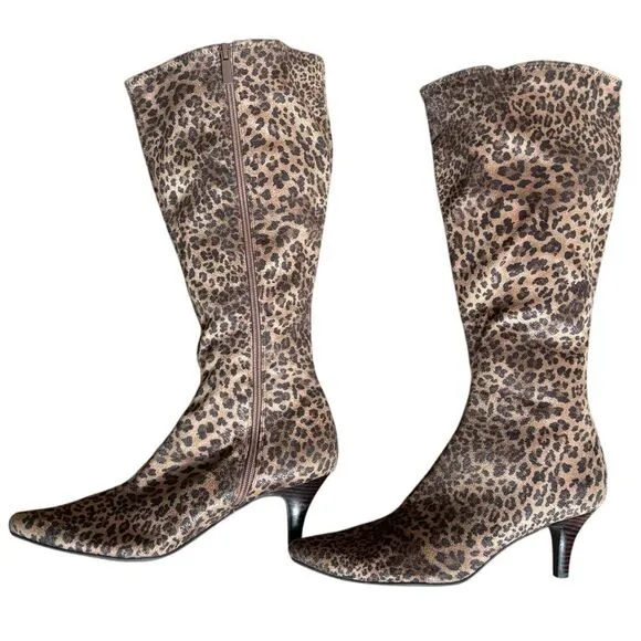 IMPO Stretch Leopard Cheetah Print Heeled Tall Norris Boots Size 9.5 Brown Black