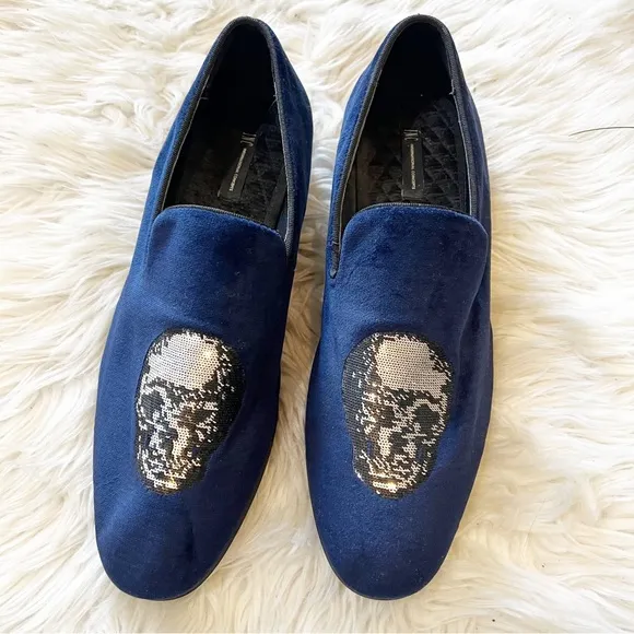 INC International Concepts Navy Blue Velvet &amp; Sequin Skull Graphic Nova Loafers