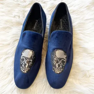 INC International Concepts Navy Blue Velvet &amp; Sequin Skull Graphic Nova Loafers