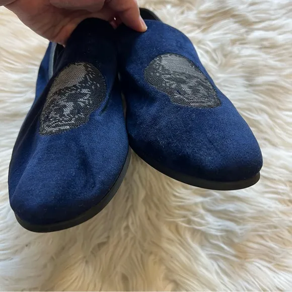 INC International Concepts Navy Blue Velvet &amp; Sequin Skull Graphic Nova Loafers