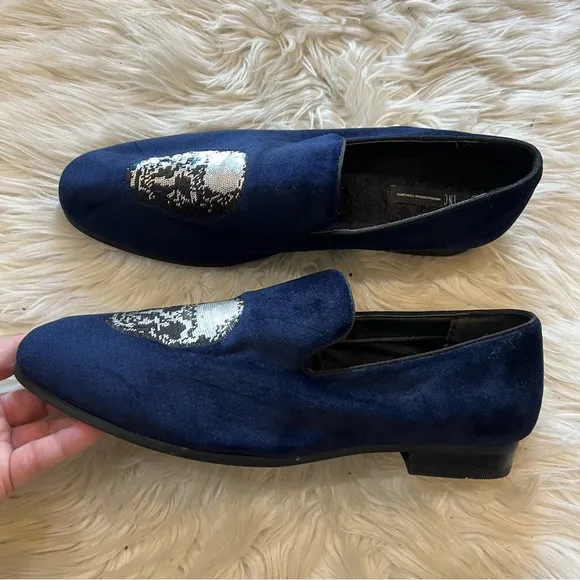 INC International Concepts Navy Blue Velvet &amp; Sequin Skull Graphic Nova Loafers