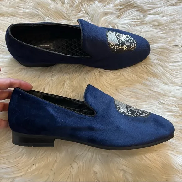 INC International Concepts Navy Blue Velvet &amp; Sequin Skull Graphic Nova Loafers