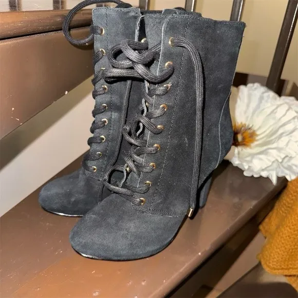 INC Women's Black Lace-Up Suede Boots Size 5.5M Casual Chunky Heel