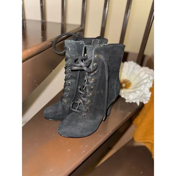 INC Women's Black Lace-Up Suede Boots Size 5.5M Casual Chunky Heel