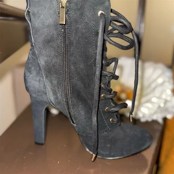 INC Women's Black Lace-Up Suede Boots Size 5.5M Casual Chunky Heel