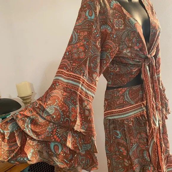 India Boutique Boho Bell Sleeve Front Tie Top and High Low Maxi Skirt Set.