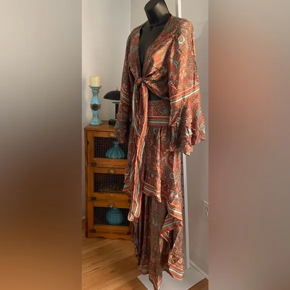 India Boutique Boho Bell Sleeve Front Tie Top and High Low Maxi Skirt Set.