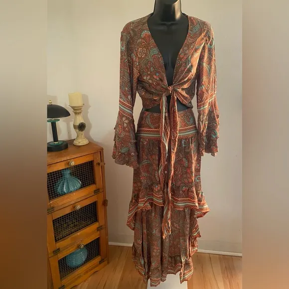 India Boutique Boho Bell Sleeve Front Tie Top and High Low Maxi Skirt Set.