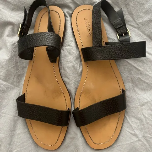 J. Crew Black Brown Tan Strappy Ankle Strap Sandals Pebbled Leather size 10