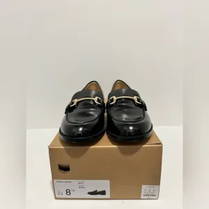 J Crew Factory Black Shiny Loafers with Gold Detail New in Box size 8.5