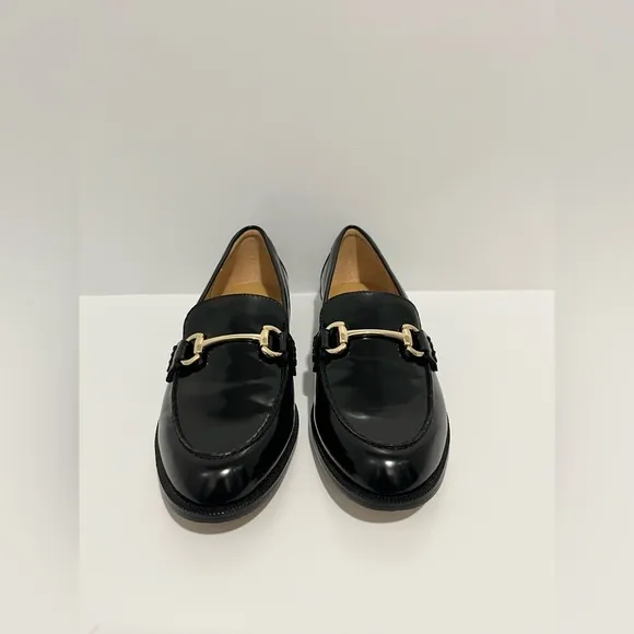 J Crew Factory Black Shiny Loafers with Gold Detail New in Box size 8.5