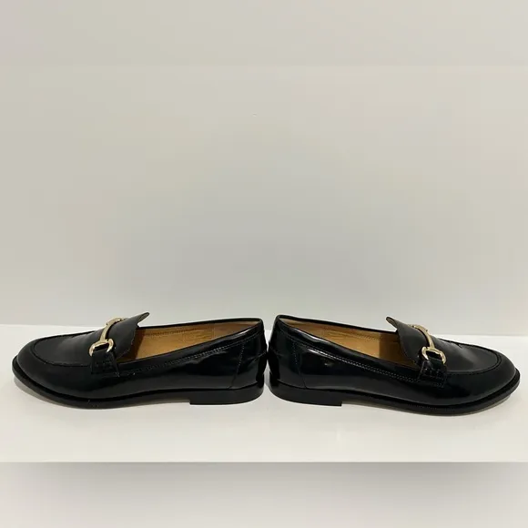 J Crew Factory Black Shiny Loafers with Gold Detail New in Box size 8.5