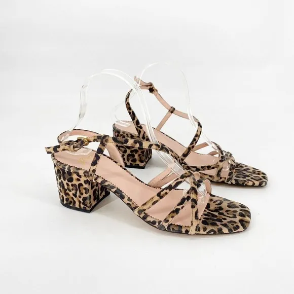 J Crew Odette Leopard Suede Size 9.5 Strappy Heeled Sandals Brown
