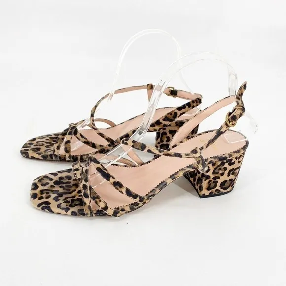 J Crew Odette Leopard Suede Size 9.5 Strappy Heeled Sandals Brown
