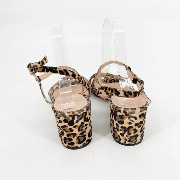 J Crew Odette Leopard Suede Size 9.5 Strappy Heeled Sandals Brown
