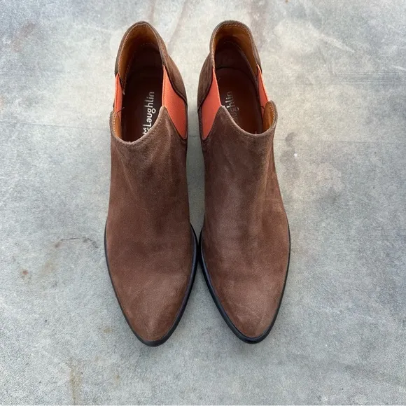 J. McLaughlin Brown Suede Ashlyn Pull-on Ankle Boots with Orange Detail Sz 7.5