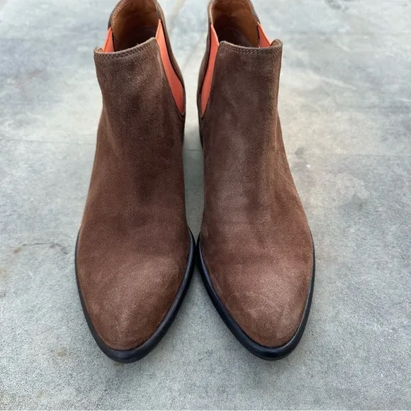 J. McLaughlin Brown Suede Ashlyn Pull-on Ankle Boots with Orange Detail Sz 7.5