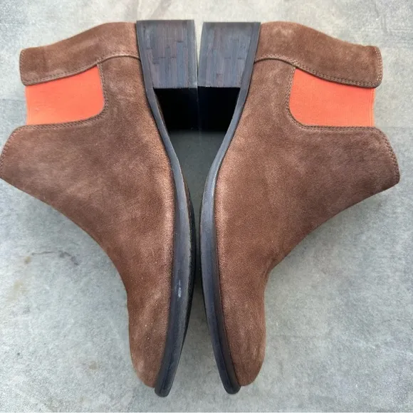 J. McLaughlin Brown Suede Ashlyn Pull-on Ankle Boots with Orange Detail Sz 7.5