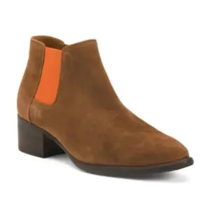 J. McLaughlin Brown Suede Ashlyn Pull-on Ankle Boots with Orange Detail Sz 7.5