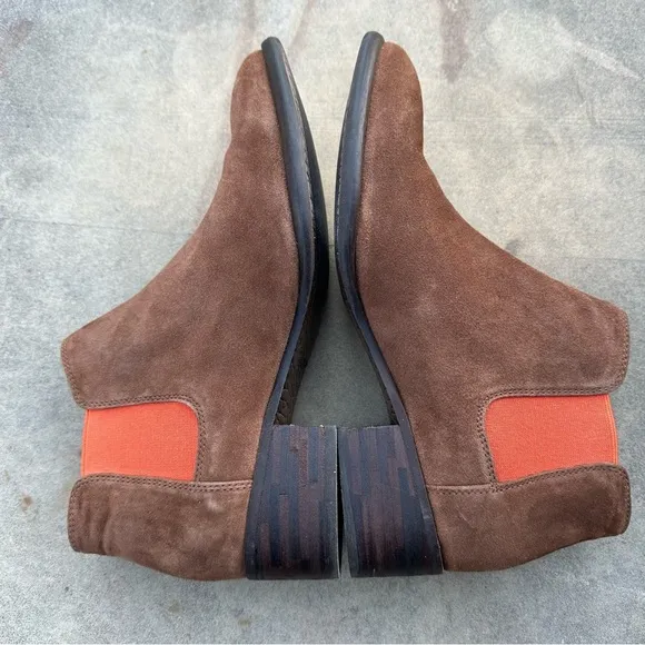 J. McLaughlin Brown Suede Ashlyn Pull-on Ankle Boots with Orange Detail Sz 7.5