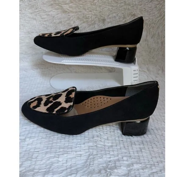 J. Renee Print Leopard Block Heels, Black Suede Leather Loafer Slip-On Sz10 New