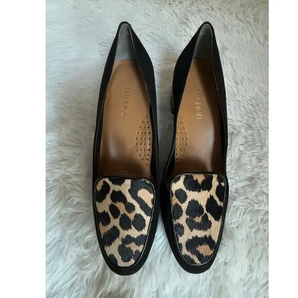 J. Renee Print Leopard Block Heels, Black Suede Leather Loafer Slip-On Sz10 New