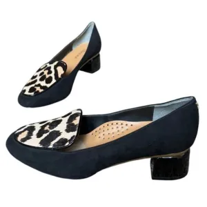 J. Renee Print Leopard Block Heels, Black Suede Leather Loafer Slip-On Sz10 New