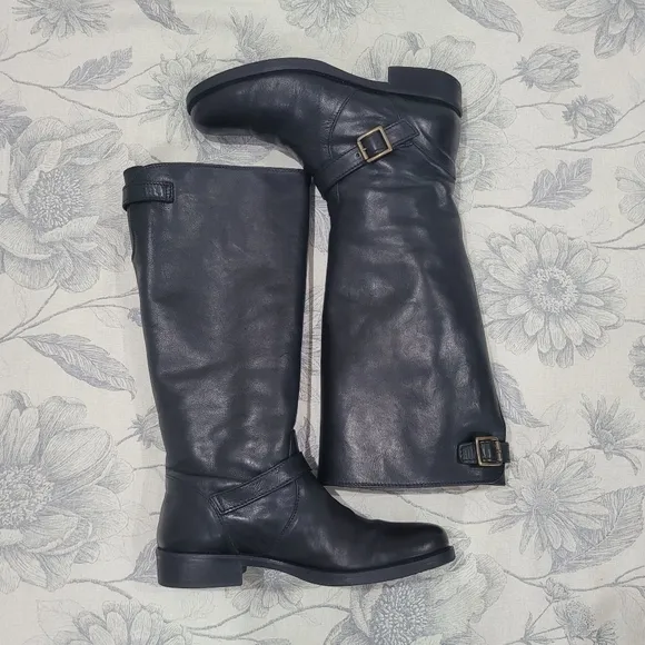 J.Crew Women's Black Leather Knee High  Riding Boots with Buckle