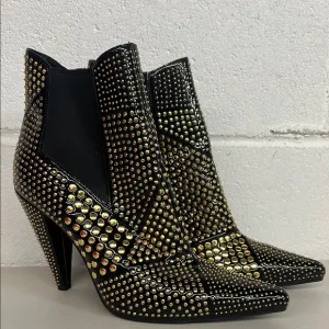 Jeffrey Campbell 8.5 studd low gold studded heel pointed toe sexy boots bootie