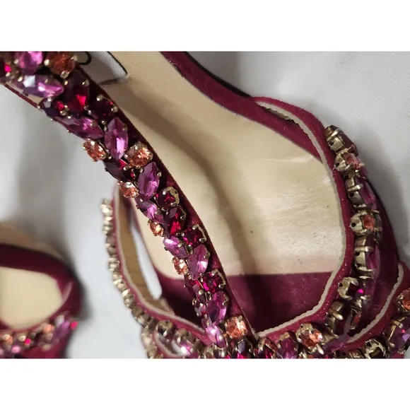 Jimmi Choo Fushsia Suede Crystal T Strap Sandals Cruise 2020 Collection Sz 39.5