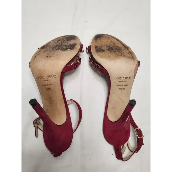 Jimmi Choo Fushsia Suede Crystal T Strap Sandals Cruise 2020 Collection Sz 39.5
