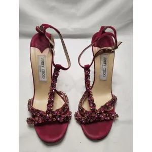 Jimmi Choo Fushsia Suede Crystal T Strap Sandals Cruise 2020 Collection Sz 39.5