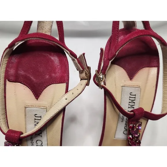 Jimmi Choo Fushsia Suede Crystal T Strap Sandals Cruise 2020 Collection Sz 39.5
