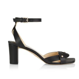 Jimmy Choo 6.5 Drya Leather Square Toe Sandals Low Block Heel Strappy Black Gold