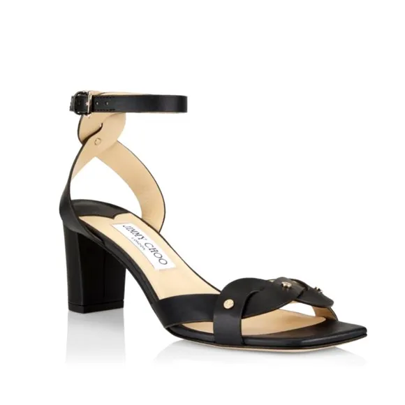 Jimmy Choo 6.5 Drya Leather Square Toe Sandals Low Block Heel Strappy Black Gold