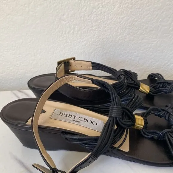 Jimmy Choo Black buckle ankle strap wedge sandals