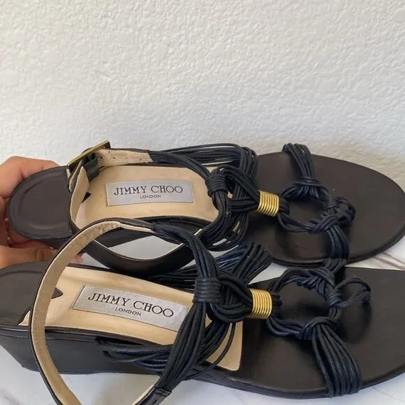 Jimmy Choo Black buckle ankle strap wedge sandals