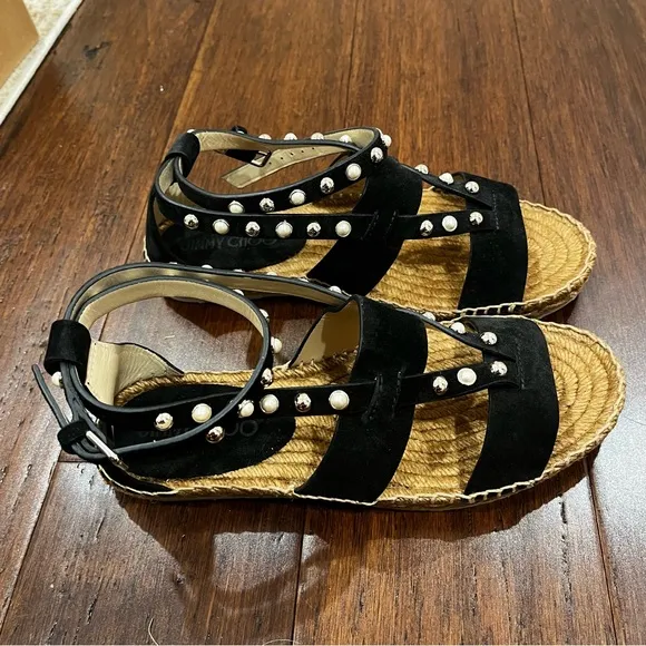 Jimmy Choo Denise Black Espadrille Suede Sandals with Studded Details 38 1/2