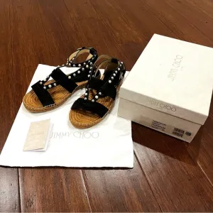 Jimmy Choo Denise Black Espadrille Suede Sandals with Studded Details 38 1/2