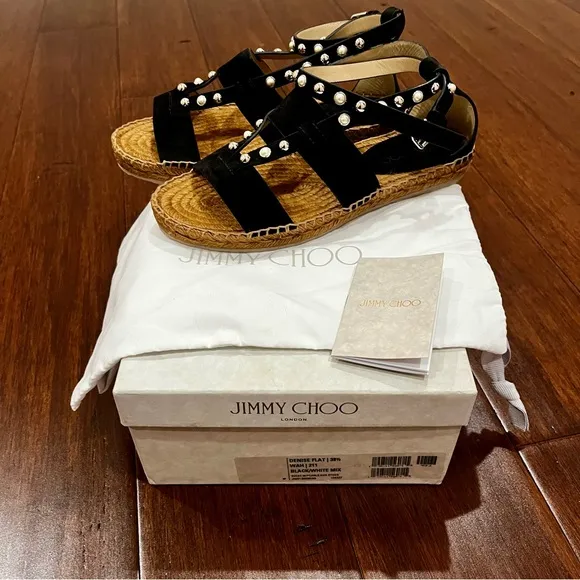 Jimmy Choo Denise Black Espadrille Suede Sandals with Studded Details 38 1/2