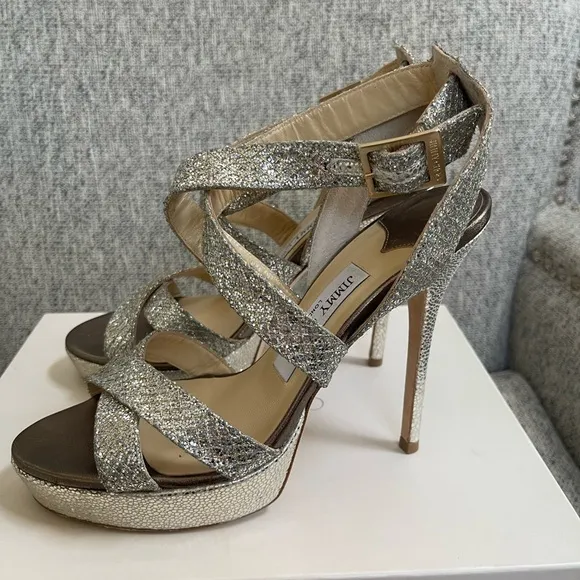 Jimmy Choo 'Vamp' Champagne Glitter Strappy Sandals sz 38EU