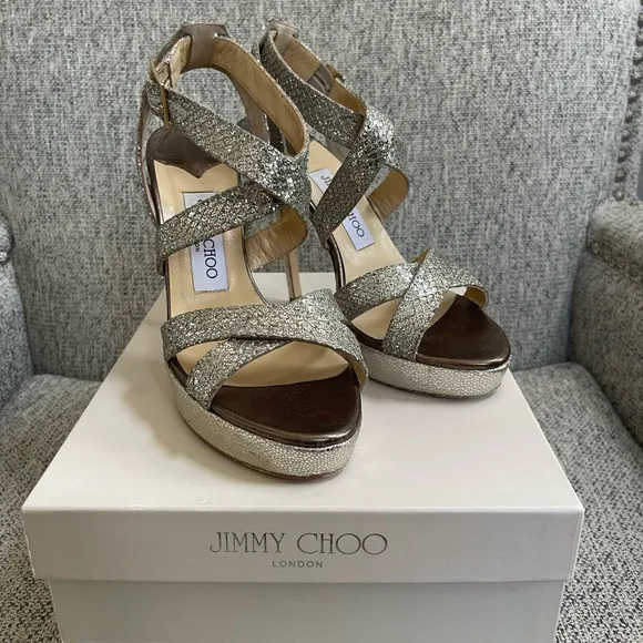 Jimmy Choo 'Vamp' Champagne Glitter Strappy Sandals sz 38EU