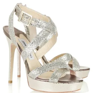 Jimmy Choo 'Vamp' Champagne Glitter Strappy Sandals sz 38EU
