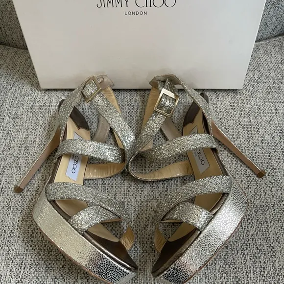 Jimmy Choo 'Vamp' Champagne Glitter Strappy Sandals sz 38EU