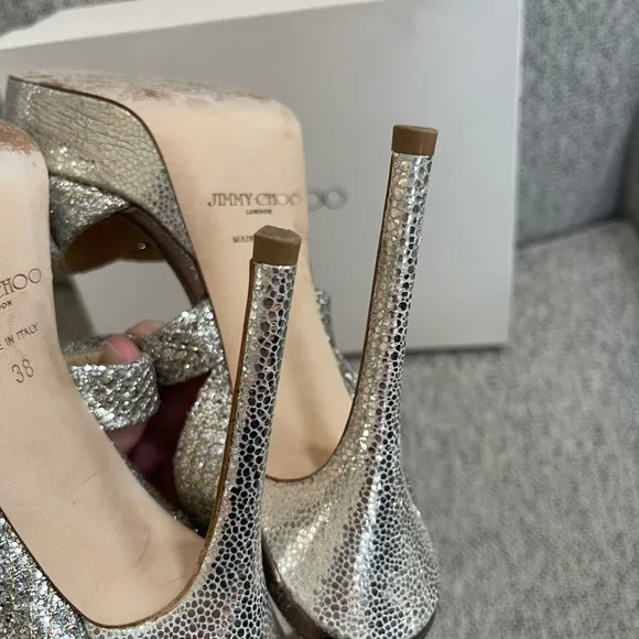 Jimmy Choo 'Vamp' Champagne Glitter Strappy Sandals sz 38EU