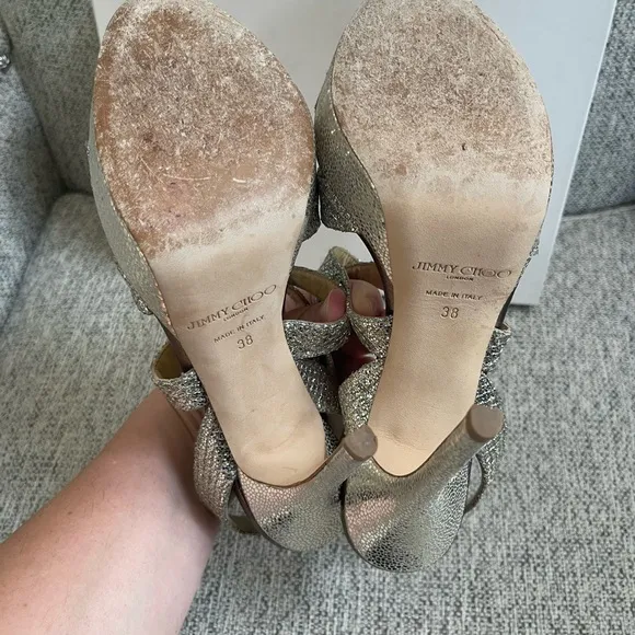 Jimmy Choo 'Vamp' Champagne Glitter Strappy Sandals sz 38EU