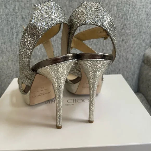 Jimmy Choo 'Vamp' Champagne Glitter Strappy Sandals sz 38EU