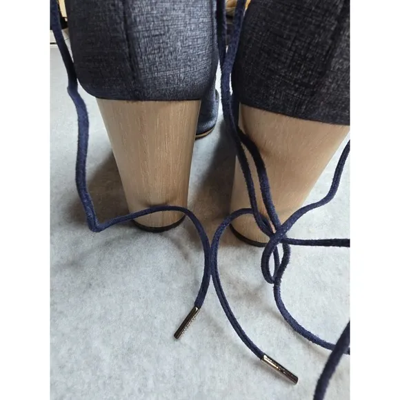 Jimmy Choo Vernie Sandals 6.5 Denim Blue Leather Strappy Wood Block Heel